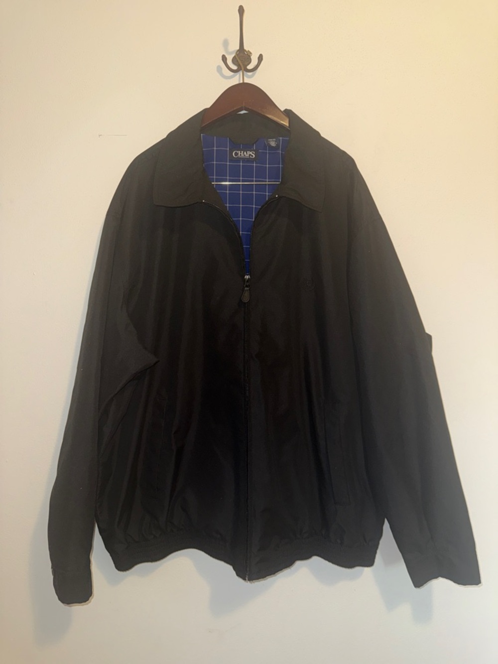 Chaps Black Windbreaker Jacket with Plaid Lining
